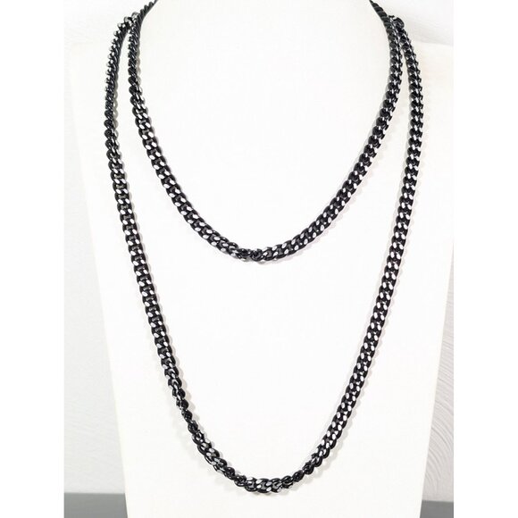 Vintage Black Metallic Silver Tone Curb Cuban Chain Link Necklace Long 38" - Picture 1 of 8